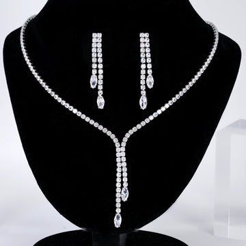 CZ Dainty Crystal Empress Necklace and Earrings Set, Long Bridal Earrings And Necklace, Statement Earrings Cz Necklace Set.
